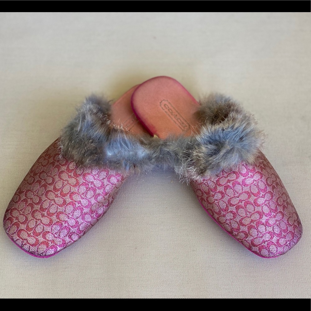Vintage COACH Kids Pink Lurex Fur Suede Slippers